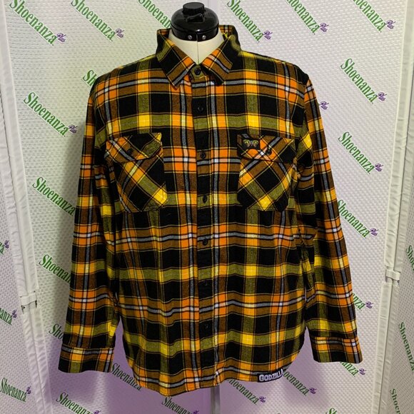 Middle Of Beyond Flannel Shirt Godzilla Mothra MOB Plaid Yellow Orange Mens XL - Picture 1 of 11